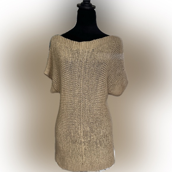 Cable & Gauge Sweaters - Cable & Gauge Oversized Knit Button-Back Top Beige Short Sleeve Slouchy